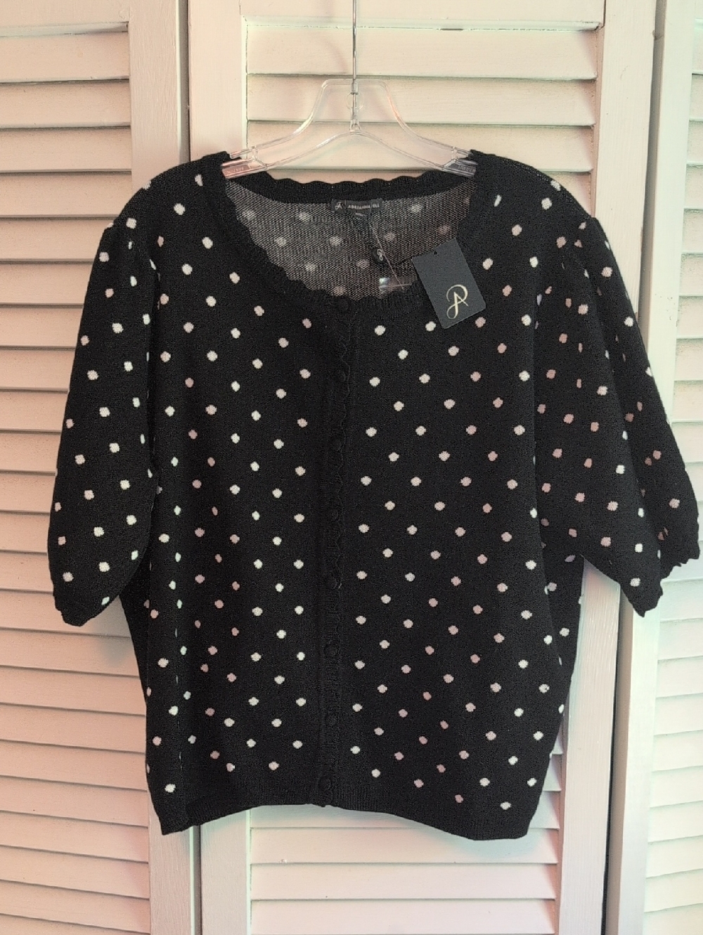 Adrianna Papell Black Short Sleeve Polka Dot Knit Cardigan